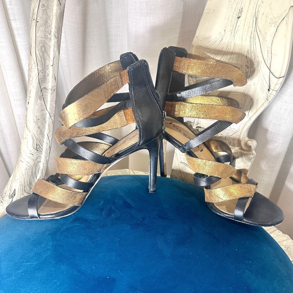 Via Spiga Gold & Black Strap Heels - 3.5" (Size 8.5 US / 38.5 EU)